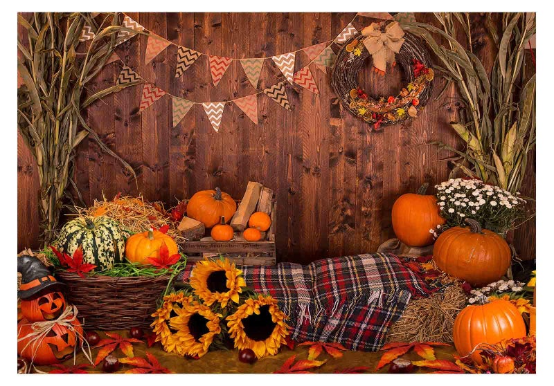 Funnytree 7x5ft Fall Thanksgiving Photography Backdrop Rustic Wooden Floor Barn Harvest Background Autumn Pumpkins Maple Leaves Sunflower Baby Portrait Party Decoration Photo Studio Booth Props - Image 1